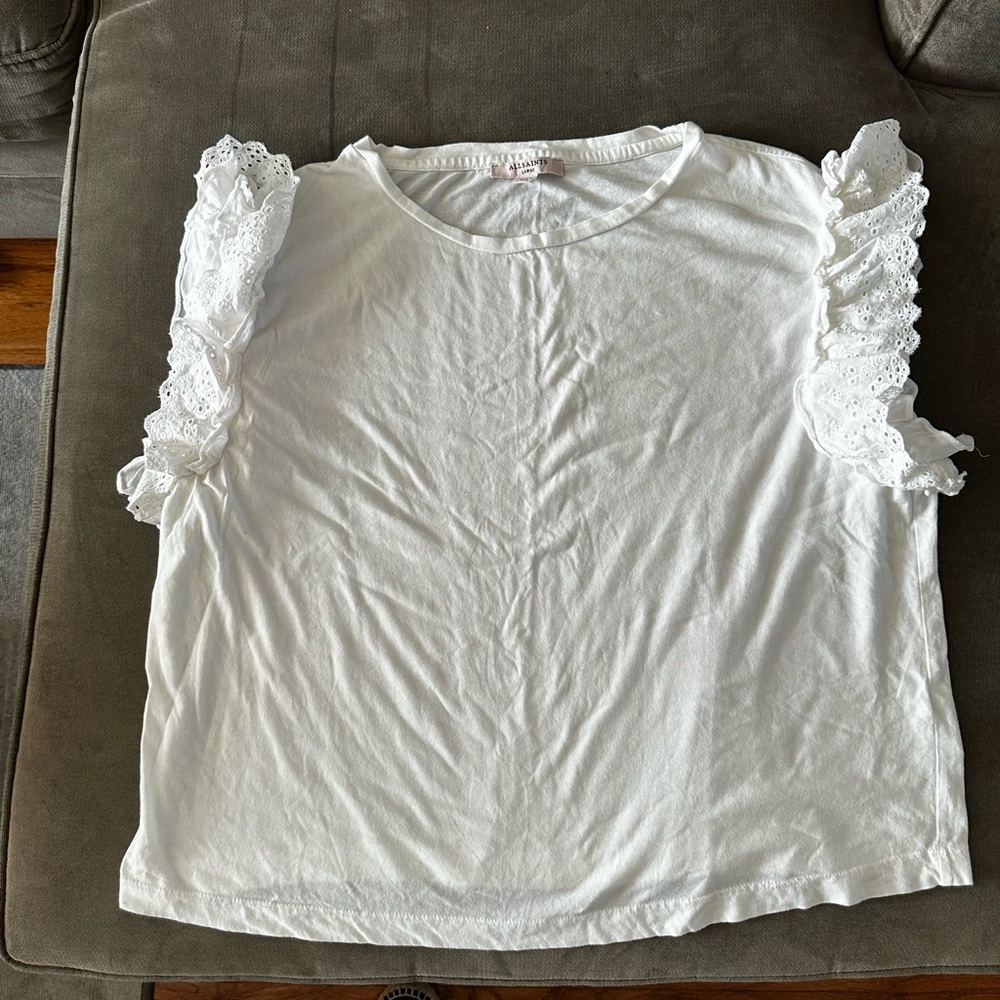 All Saints White Eyelet Ruffle Sleeve Tee L